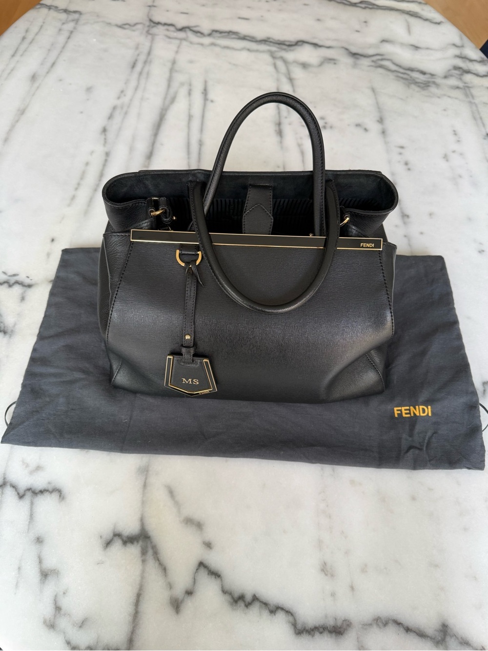 Fendi Medium 2Jours Authentic Black Leather Structured Tote with Gold Trim